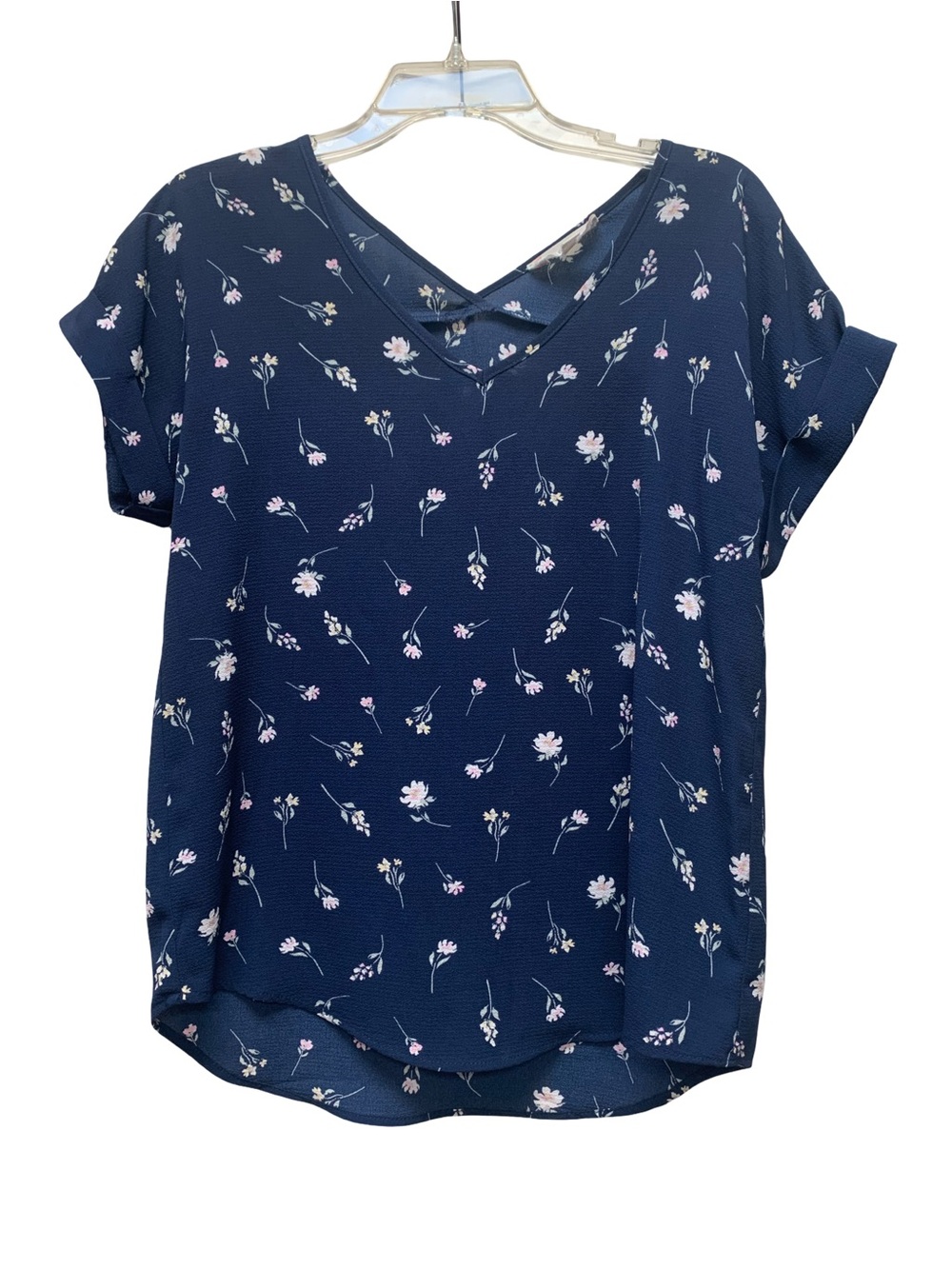 Pink Rose Navy Floral V-Neck Short Sleeve Top